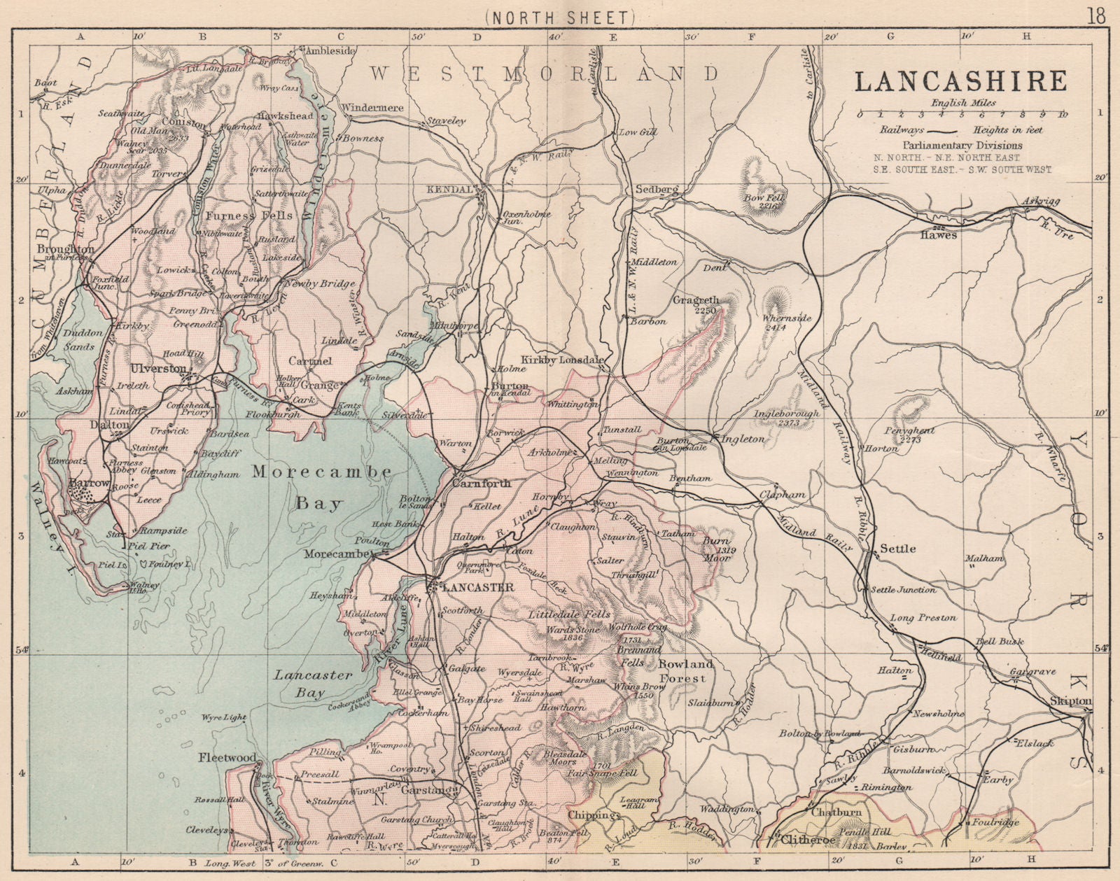LANCASHIRE NORTH. Antique county map. Railways. PHILIP 1882 old